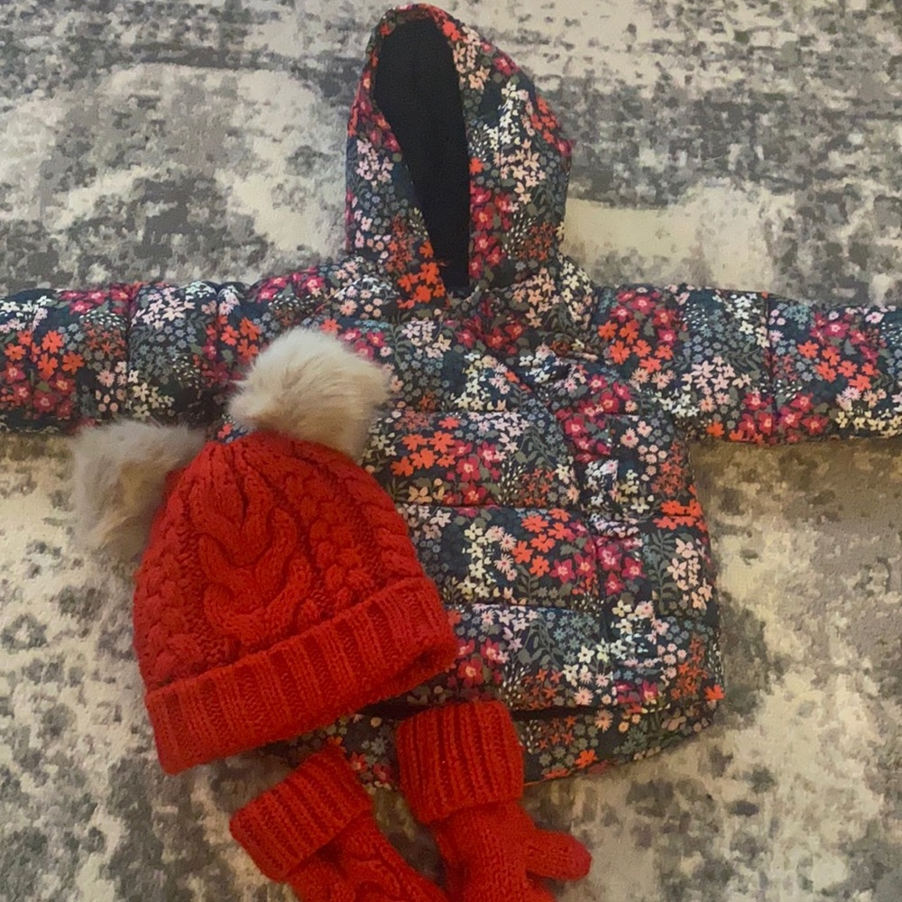 Floral Baby Gap winter coat & red hat & mitts  18-24 months